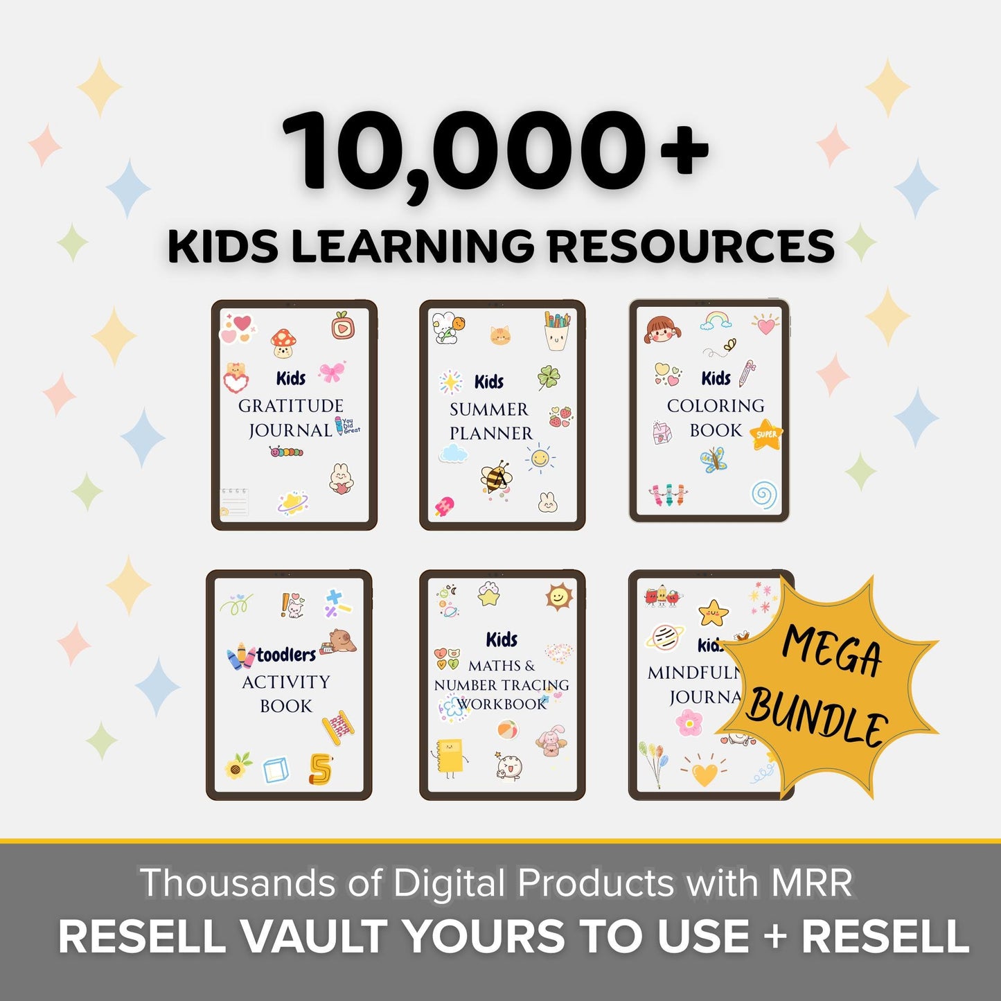 10,000 kids worksheets and coloring printables PLR bundle preview for preschool and kindergarten.planners