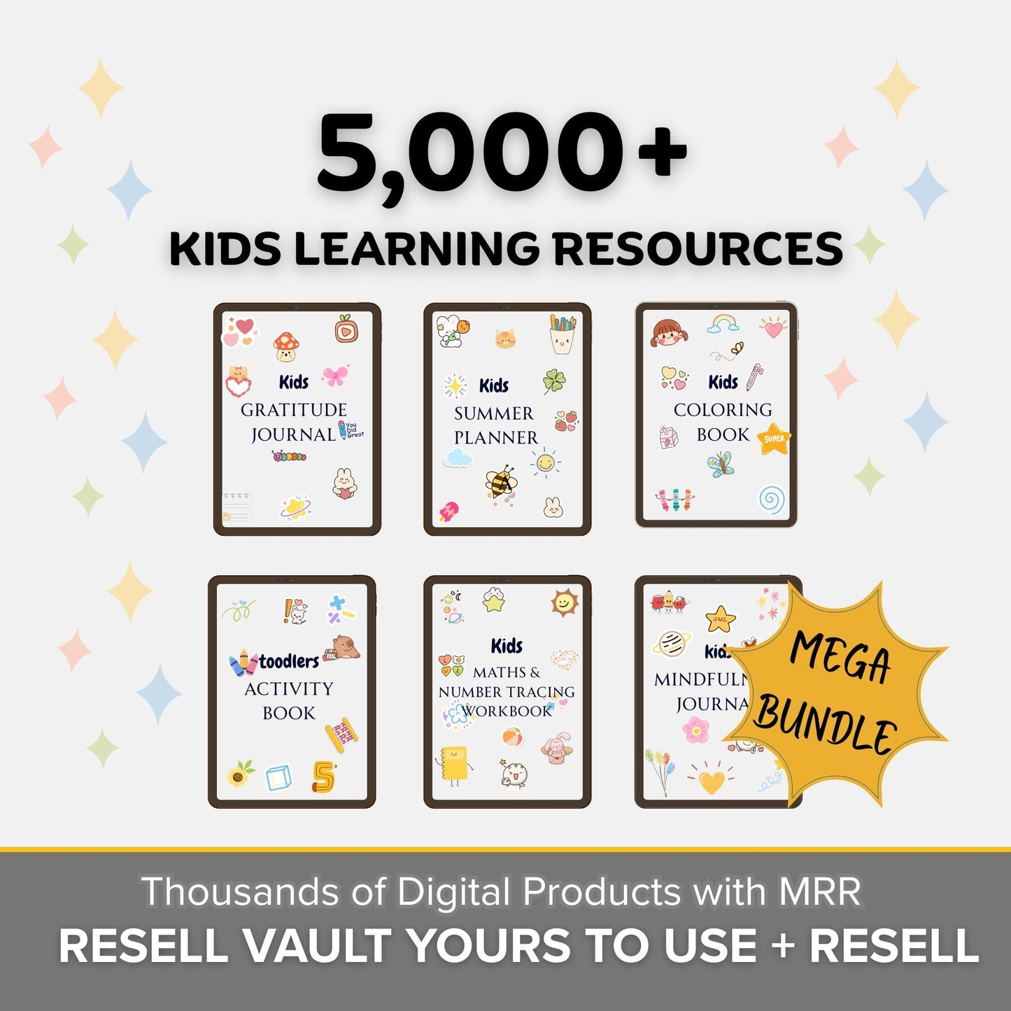 5000 kids learning worksheets PLR bundle showing preschool and kindergarten printable activities.