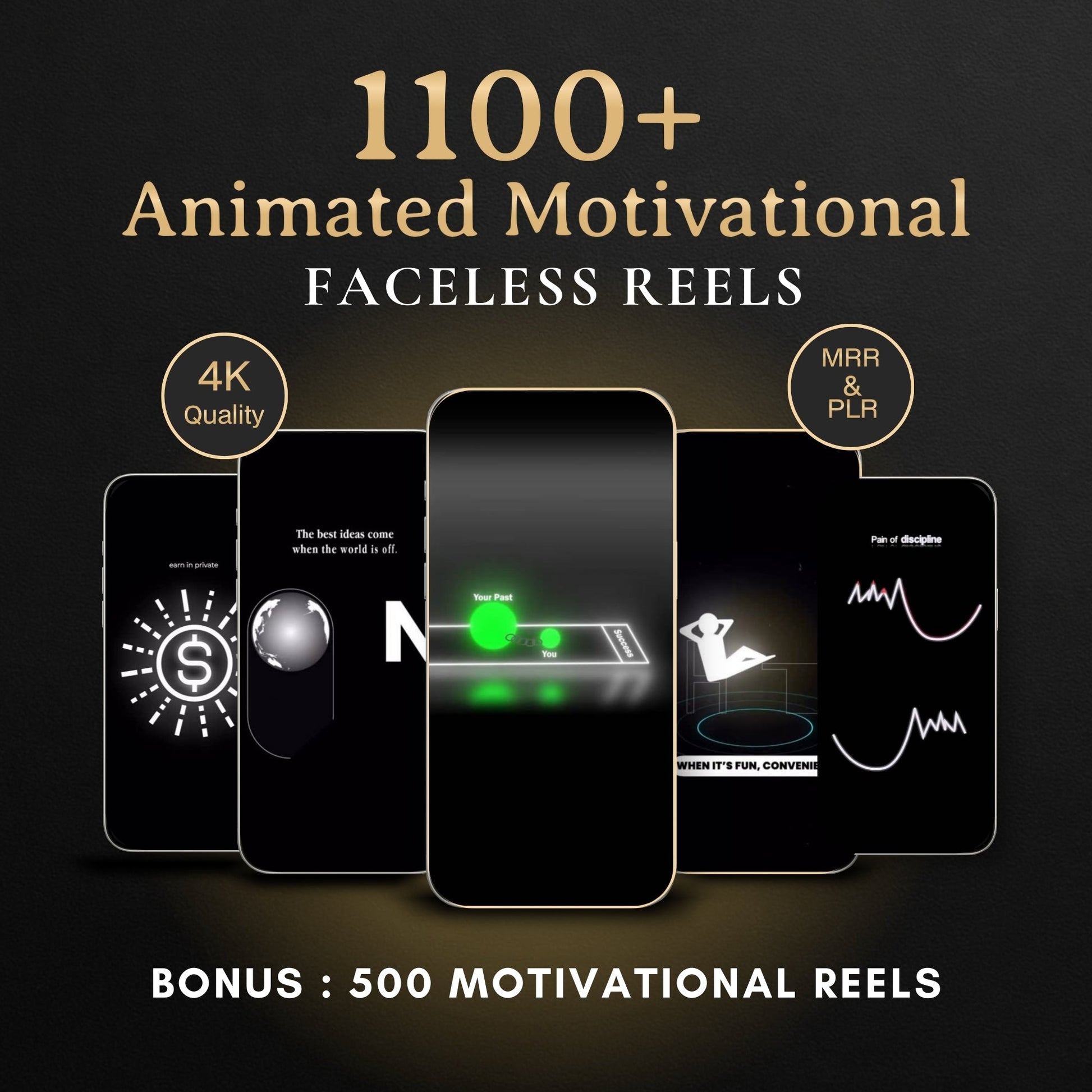 1100 animated faceless motivational reels bundle with PLR and MRR rights for social media