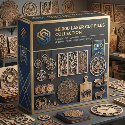 50,000+ laser cut SVG DXF AI EPS CDR PDF bundle cover showing extensive vector files for Glowforge, Cricut and CNC laser cutters