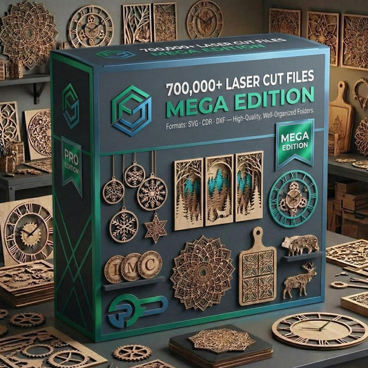 700000+ laser cutting vector files bundle cover showing SVG DXF AI EPS PDF CDR formats for Glowforge, Cricut and CNC