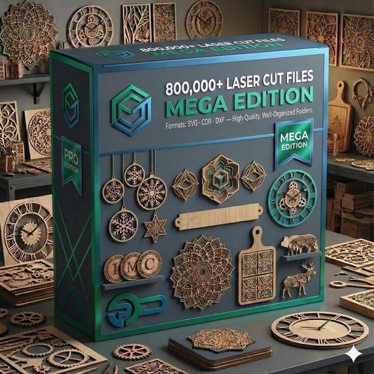 800000+ laser cut SVG, DXF, AI, EPS files bundle graphic showing vector designs for Cricut Glowforge CNC