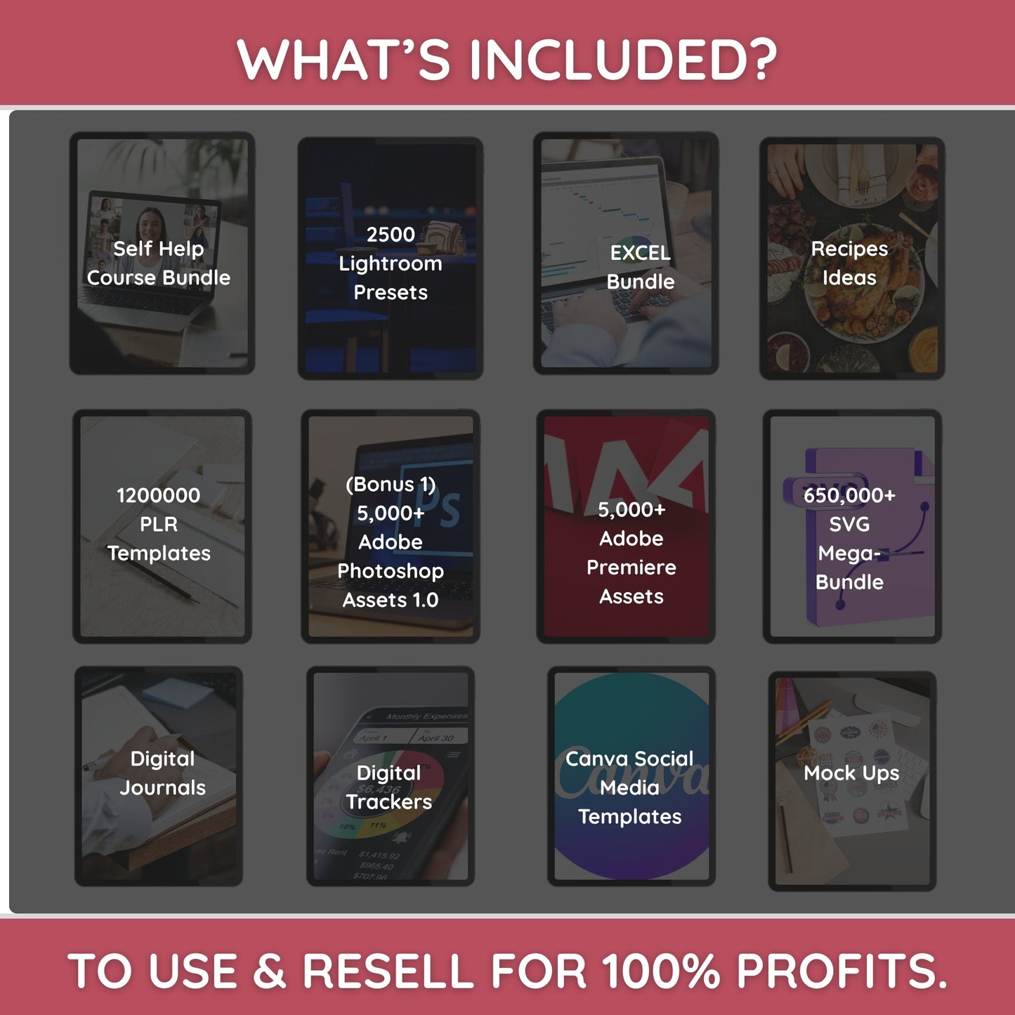 Sample items from the bundle: eBooks, courses, templates, software