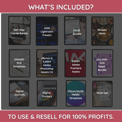 Sample items from the bundle: eBooks, courses, templates, software