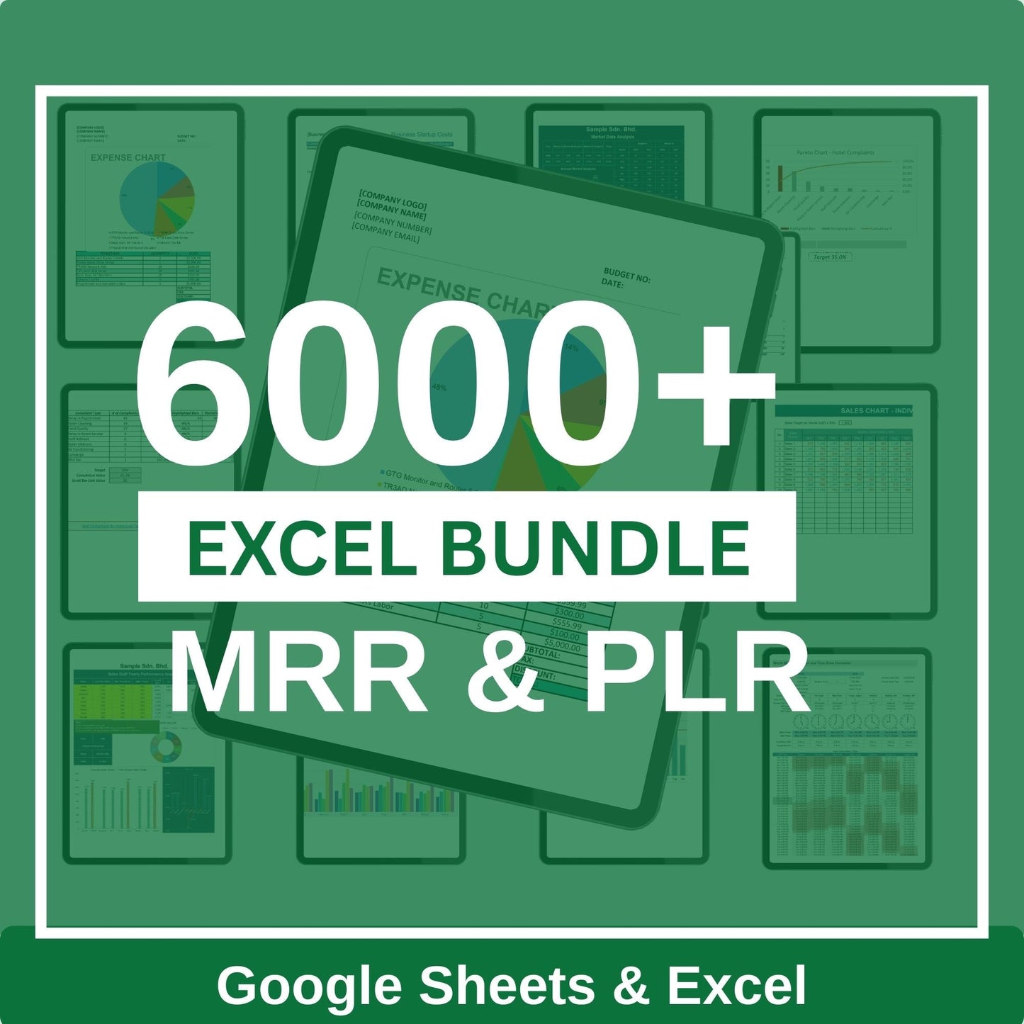 Preview of multiple spreadsheet templates from the 6000+ bundle, showing dashboards, trackers, budgeting sheets