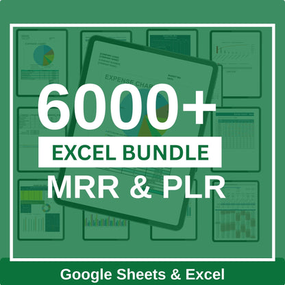 Preview of multiple spreadsheet templates from the 6000+ bundle, showing dashboards, trackers, budgeting sheets