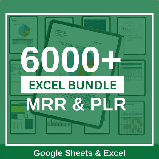 Preview of multiple spreadsheet templates from the 6000+ bundle, showing dashboards, trackers, budgeting sheets