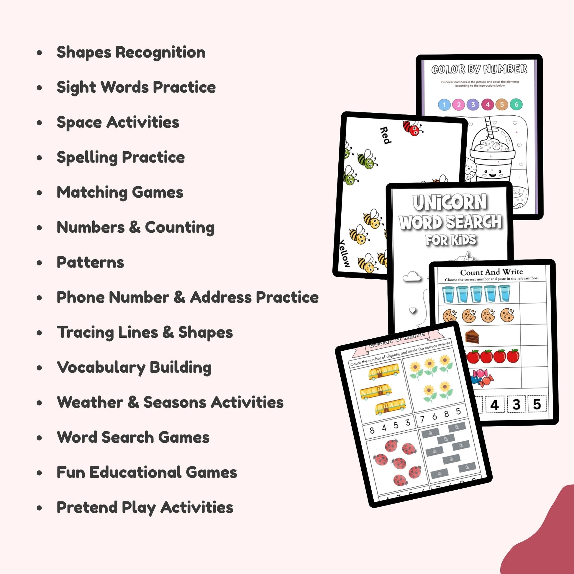 Printable counting and number worksheets for early math learning included in the bundle